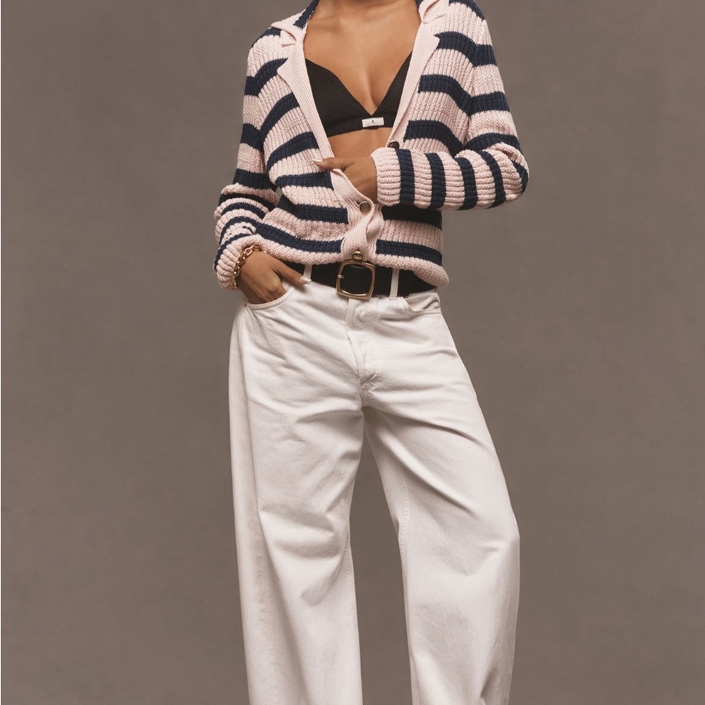 Anthropologie Maeve Greta Pink and Navy Striped Cardigan medium nwot - Picture 2 of 7